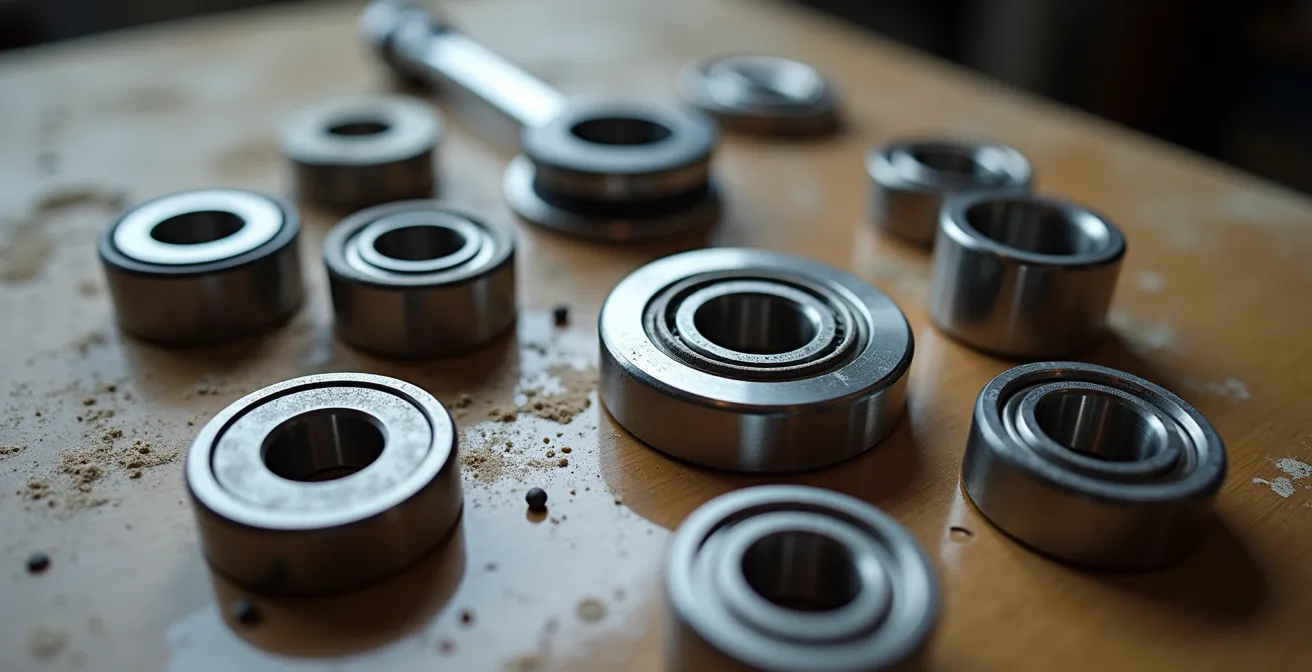 Vue macro d'un jeu de direction semi-intégré démonté montrant les cuvettes et roulements