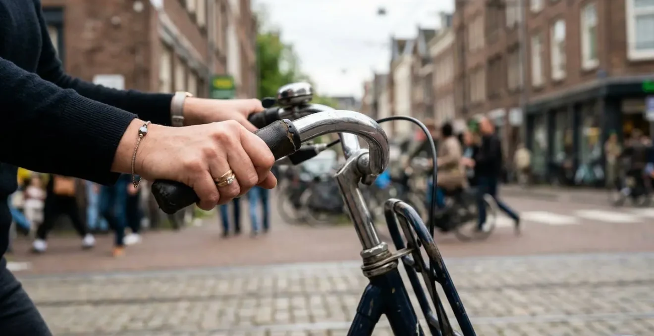 Gros plan sur des mains tenant un guidon relevé de vélo hollandais, une bague visible au doigt, avec un arrière-plan urbain flouté