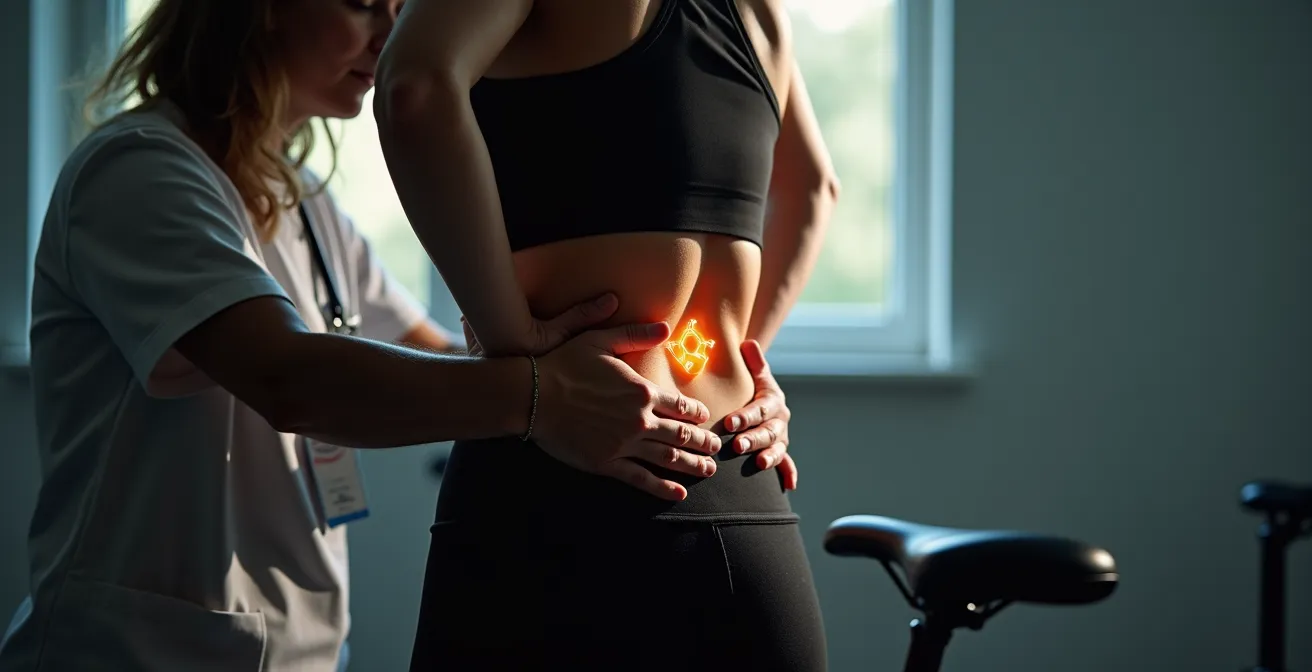 Kinésithérapeute effectuant une évaluation de la mobilité pelvienne d'un cycliste en position