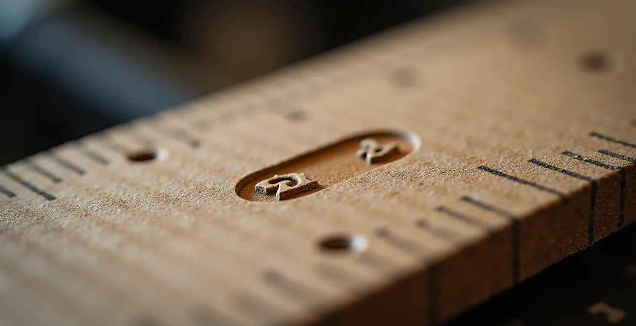 Vue macro détaillée d'une mesure de largeur d'ischions sur un support de mesure avec empreintes visibles