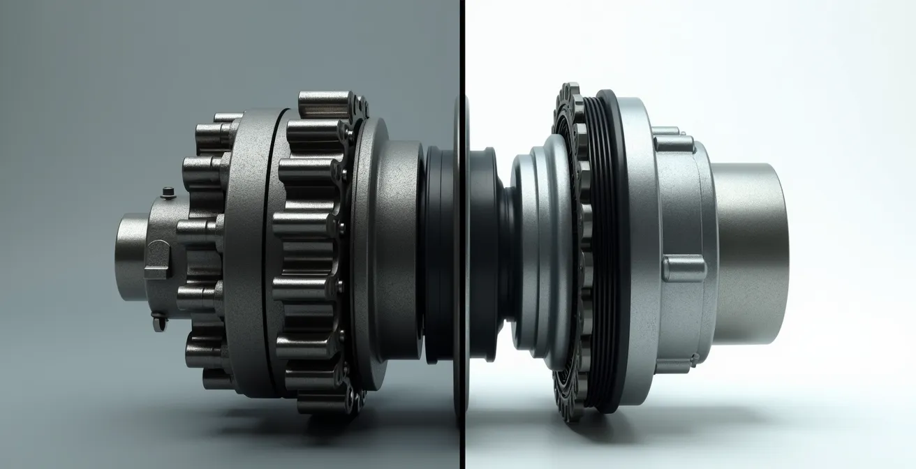 Gros plan sur système d'engrenages de moteur électrique montrant la différence entre transmission par chaîne et courroie