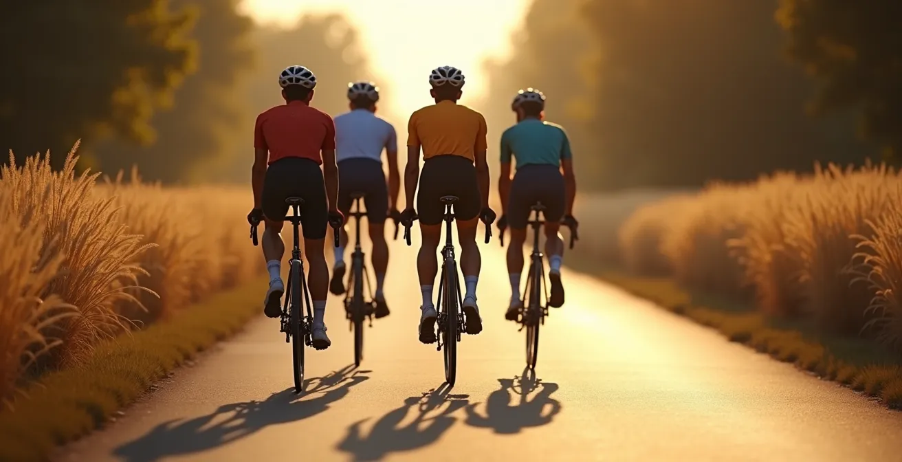 Coureurs négociant dans une échappée sur route de plaine