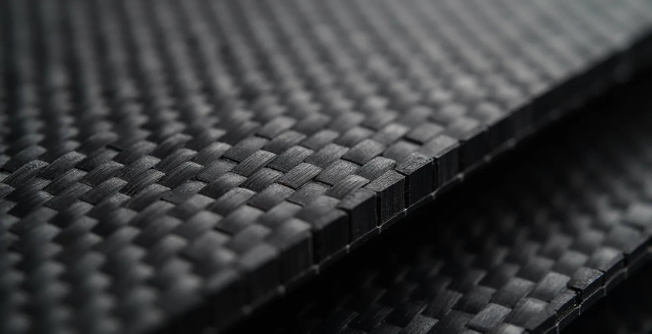 Détail macro montrant l'orientation des fibres de carbone dans un cadre de vélo