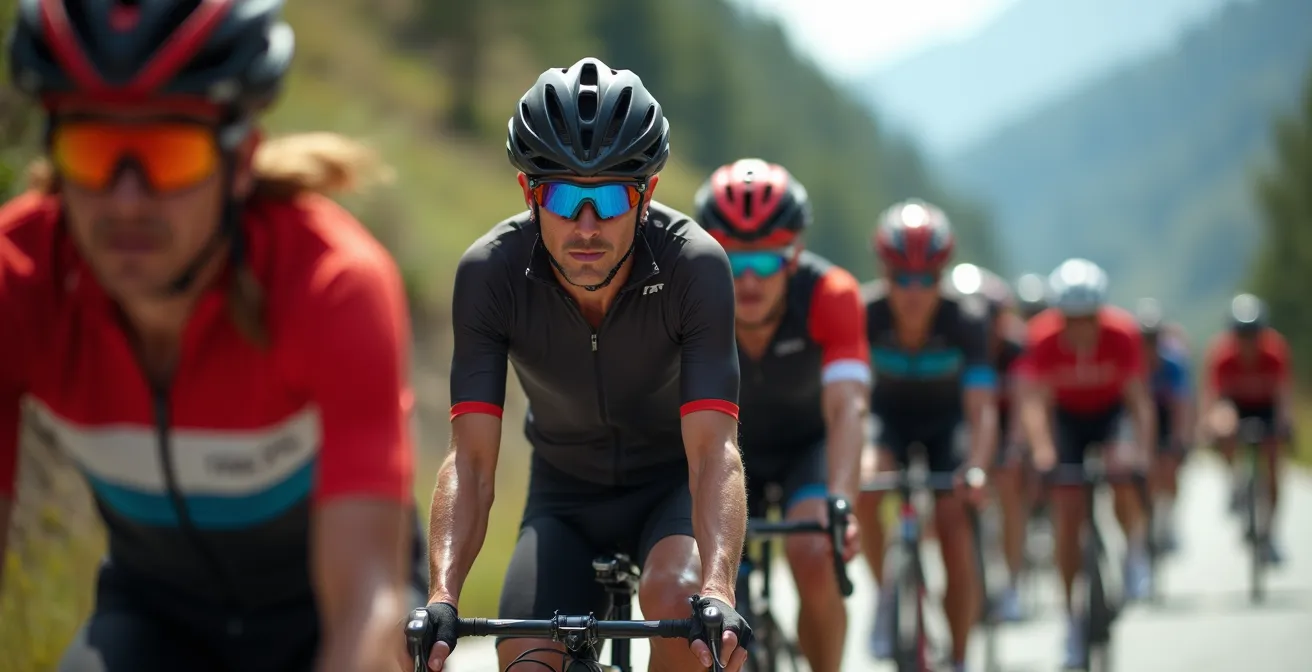 Peloton de cyclistes en montagne illustrant les positions stratégiques