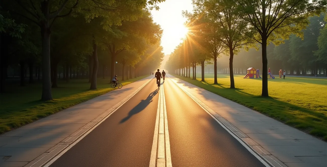 Piste cyclable large et bien délimitée traversant un parc avec séparation claire des espaces piétons