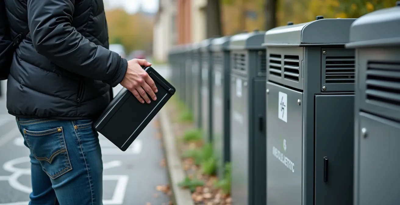 Point de collecte spécialisé pour batteries de vélos électriques dans une déchetterie française