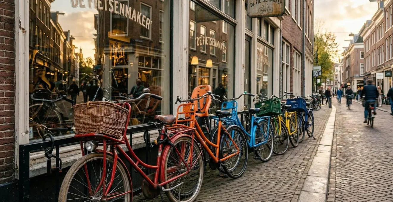 Plusieurs vélos hollandais de couleurs différentes garés côte à côte devant la vitrine d'une boutique, avec des reflets sur la vitre