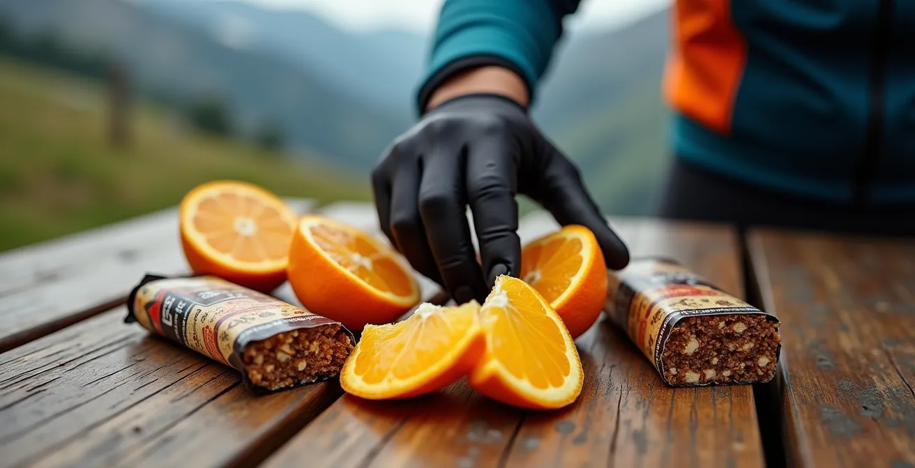Cycliste attrapant des quartiers d'orange à un point de ravitaillement en montagne