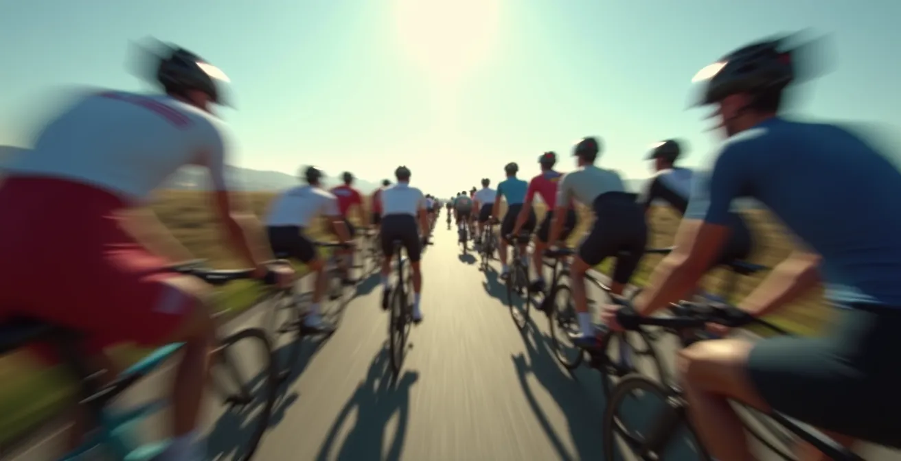 Vue subjective d'un cycliste regardant loin devant dans un peloton dense