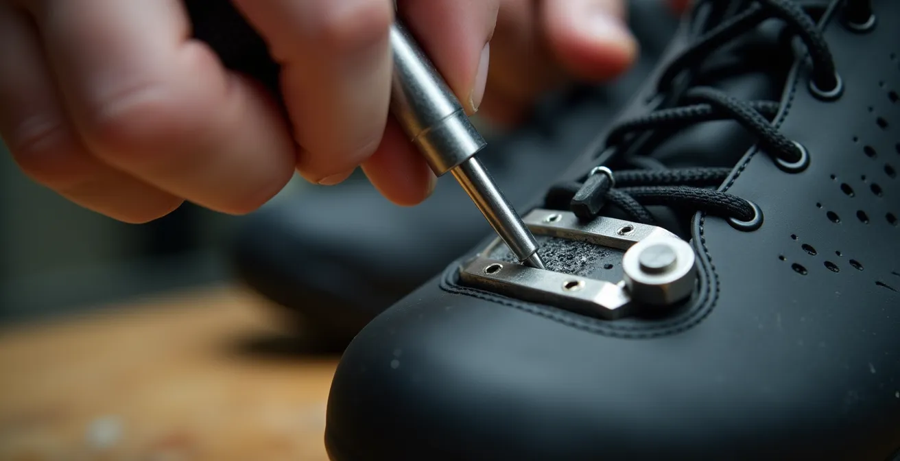 Gros plan sur une chaussure de vélo avec cale positionnée et mains d'expert ajustant l'angle