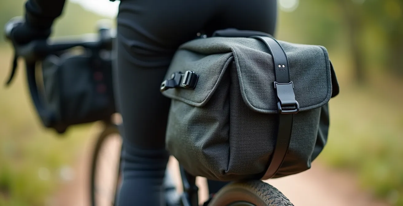 Vue macro de sacoches de vélo montrant la répartition équilibrée du poids