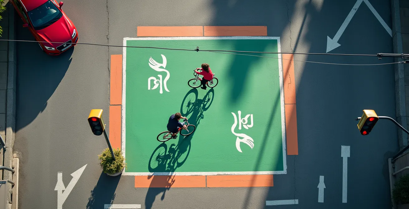 Vue aérienne d'un sas vélo montrant le positionnement optimal des cyclistes au feu rouge