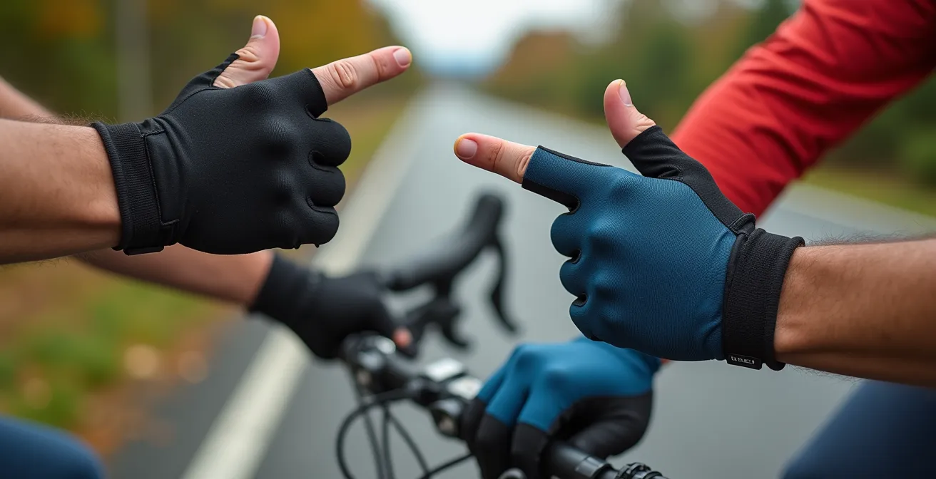 Gros plan sur les mains de cyclistes effectuant des signaux de sécurité en peloton