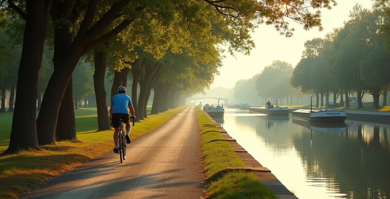 Cycliste pédalant le long du Canal du Midi avec platanes et péniche en arrière-plan