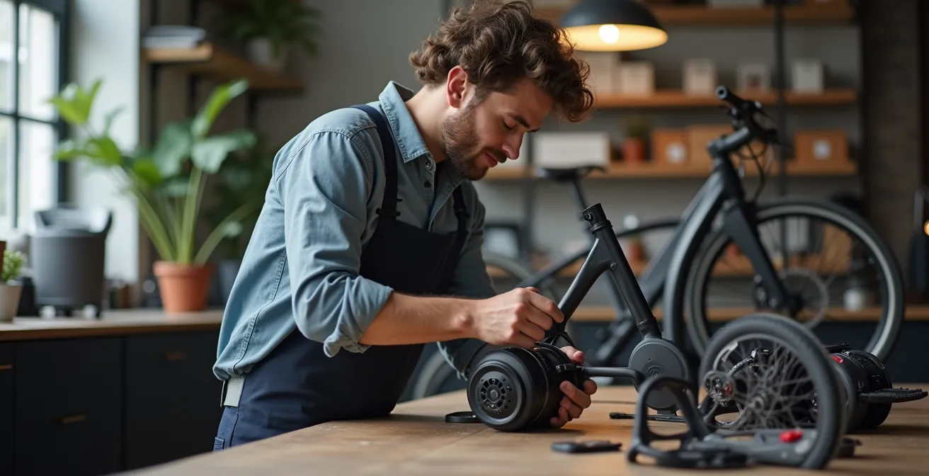 Atelier moderne de fabrication de vélos électriques avec ingénieurs au travail