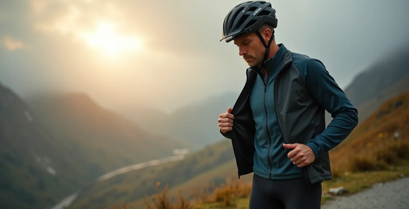 Cycliste équipé du système trois couches face aux éléments météorologiques