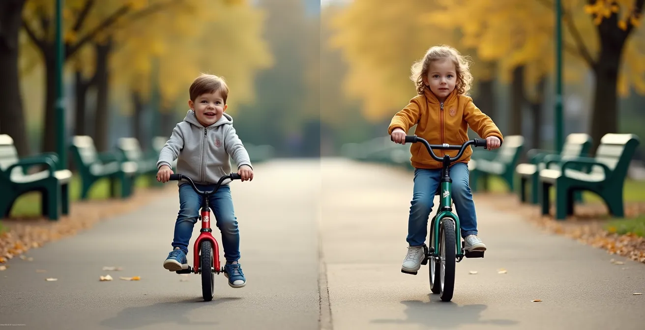 Comparaison visuelle montrant l'évolution fluide d'un enfant de la draisienne au vélo à pédales.