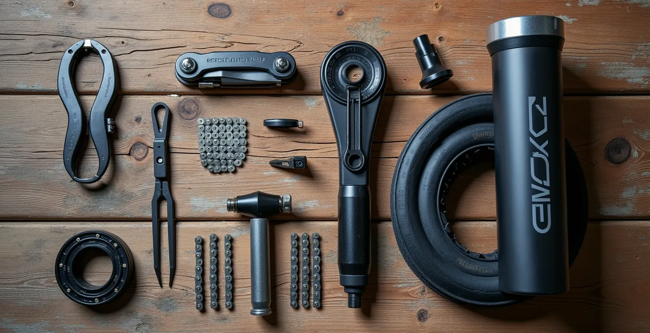 Kit de réparation vélo modulaire étalé sur une surface en bois avec organisation méthodique