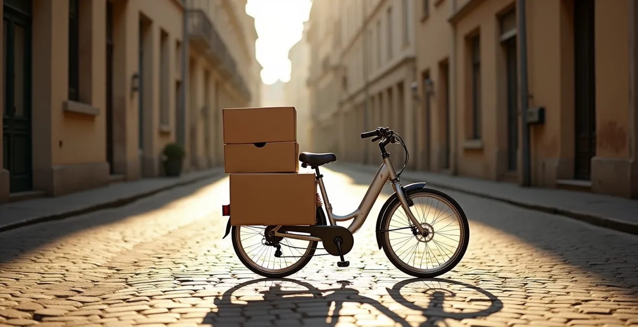 Vélo cargo français utilisé pour la logistique urbaine dans une rue pavée