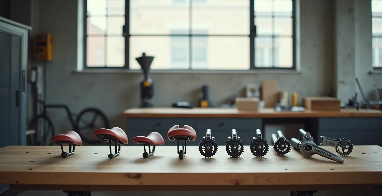 Détail de composants de vélo spécifiques femmes disposés sur un établi d'atelier