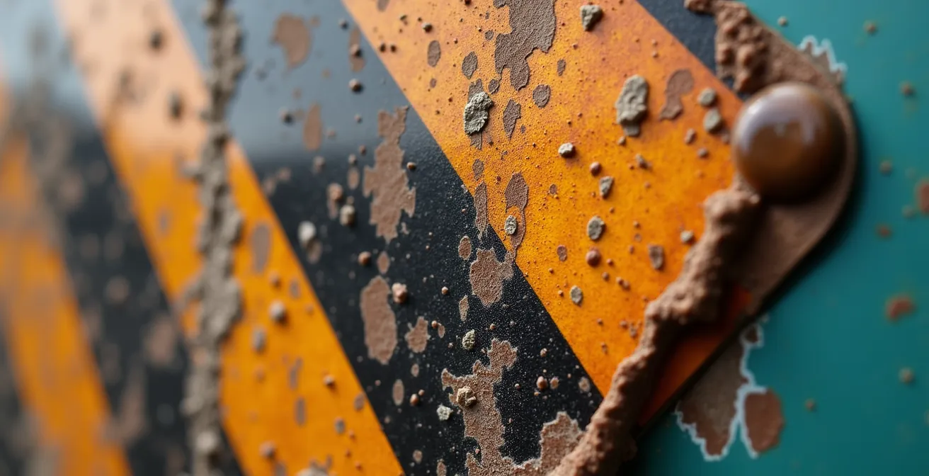 Détail macro d'un autocollant angles morts sur un camion avec texture et usure visible