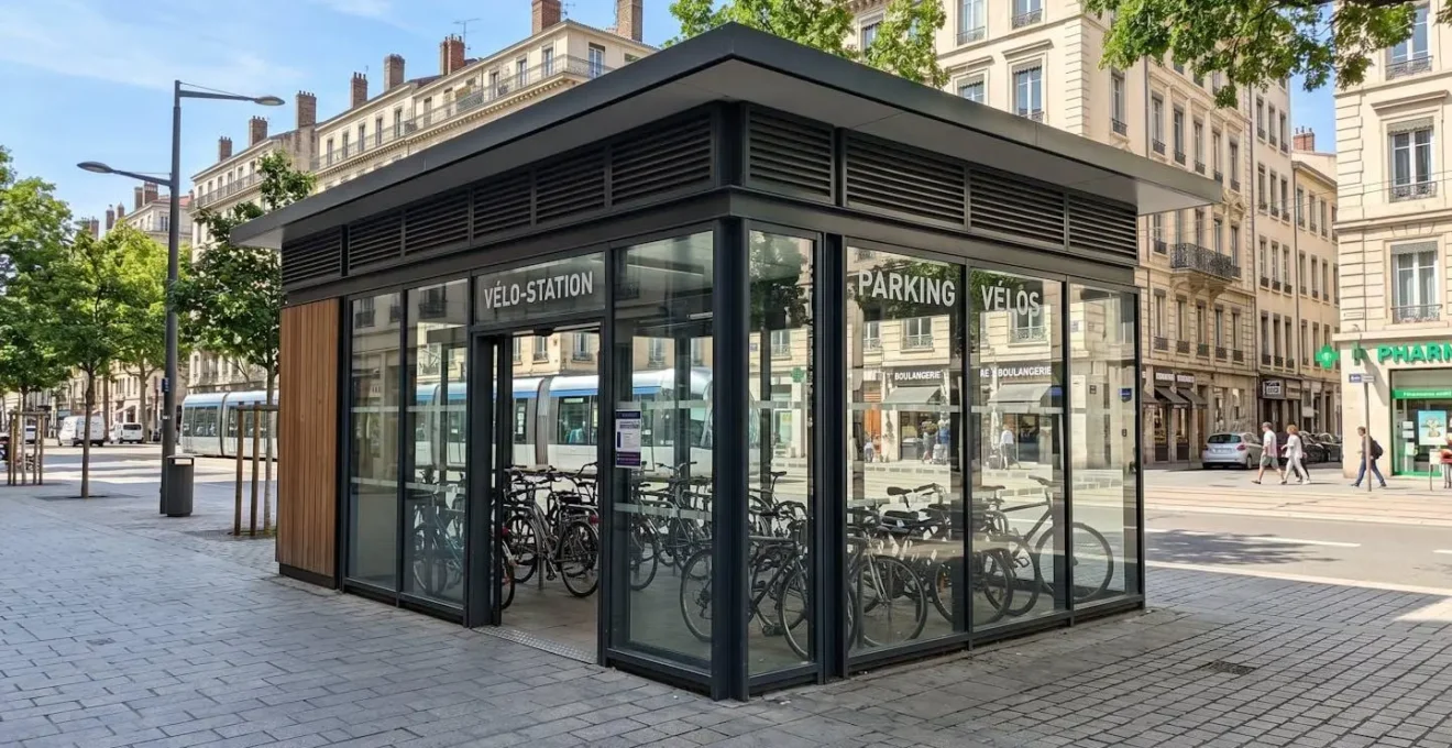 Vue extérieure large d'un abri vélo moderne avec grilles de ventilation visibles, environnement urbain français contemporain, lumière naturelle du jour