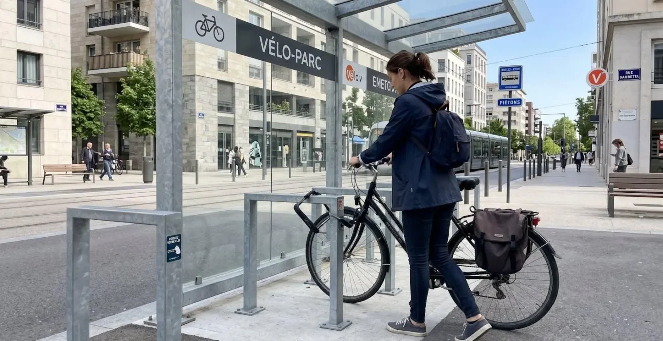 Une personne vue de dos range son vélo dans un abri extérieur moderne équipé de grilles de ventilation, geste naturel en fin de journée